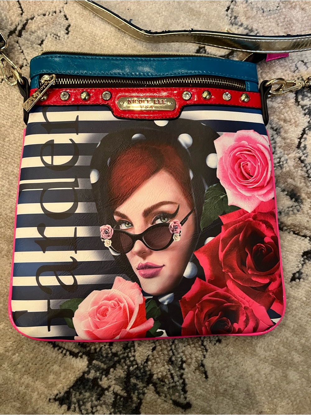 Nicole Lee Teal, Pink and Red Floral Graphic Crossbody Bag